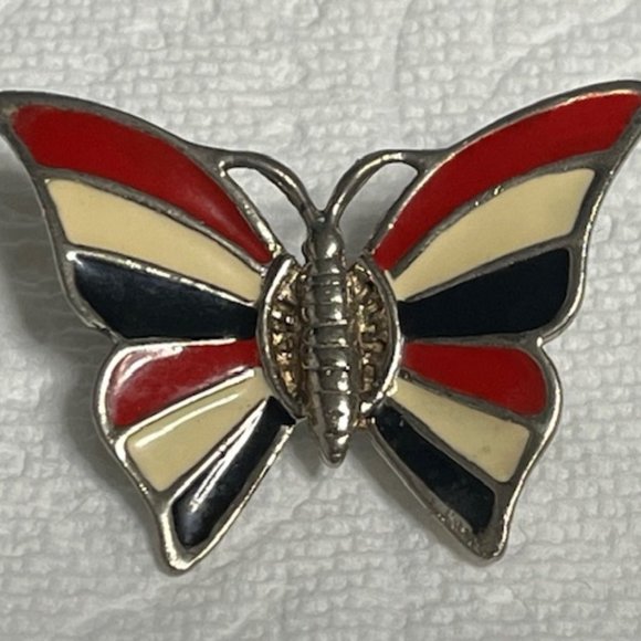 VTG Patriotic Red White Blue Enamel Butterfly Brooch Hat Scarf Pin 1.75"x1.25" - Picture 4 of 13